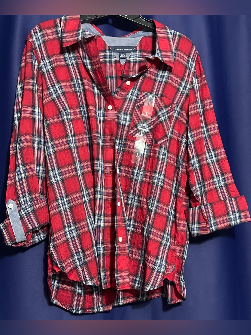 Tommy Hilfiger Red and Navy Plaid Button-Down Shirt